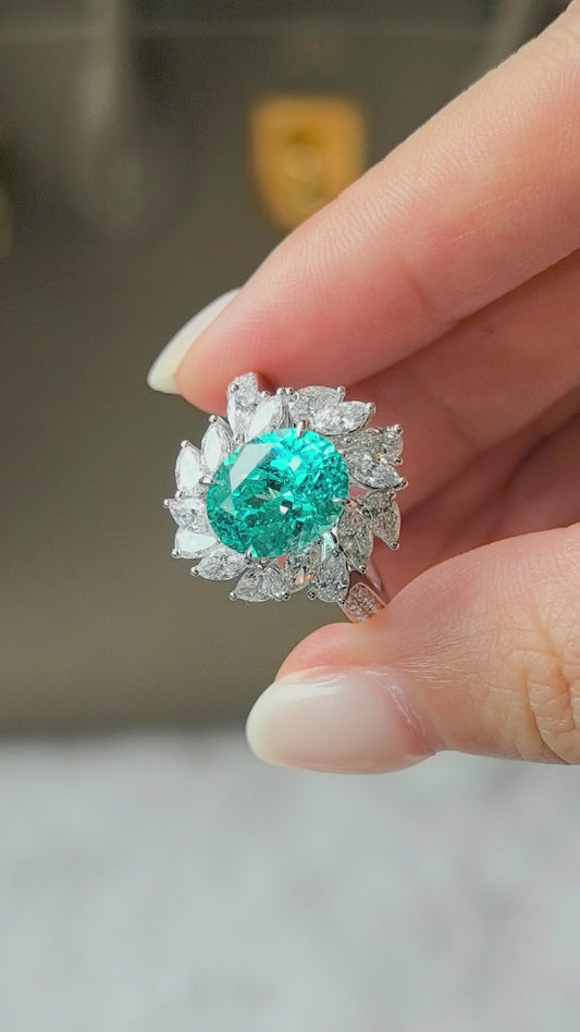 4.9ct 6g Oval Paraiba Tourmaline Sunflower Ring | Pear Diamond Halo