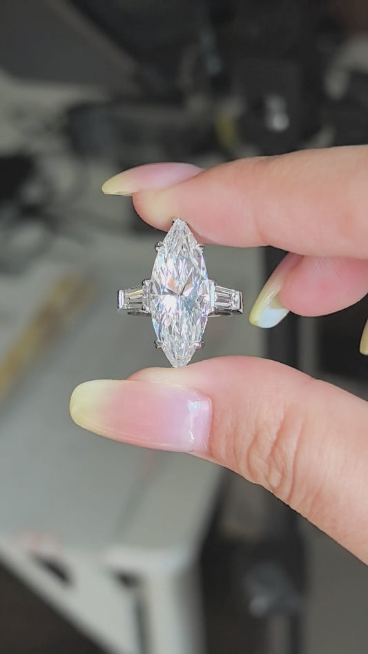Marquise-Center Trilogy Ring | Baguette Sidestones | Architectural Elegance | Lab-Grown Diamonds