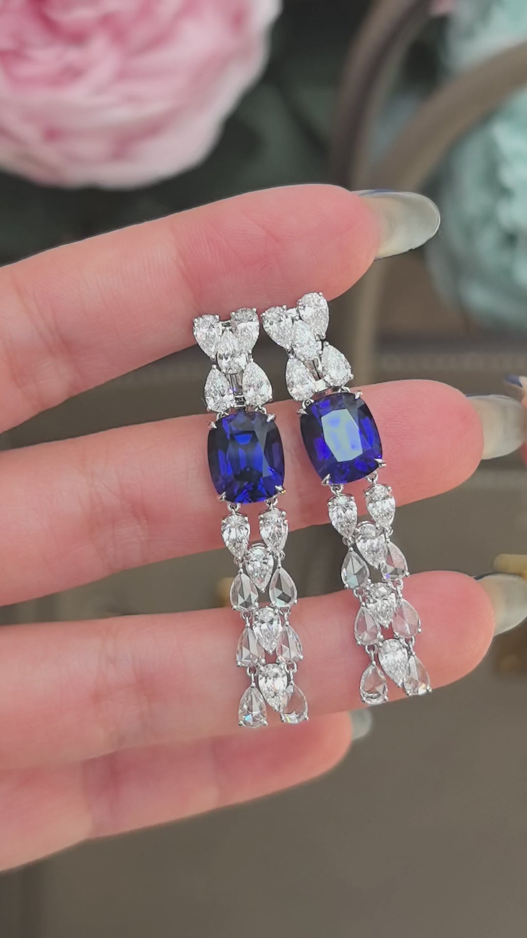 6.4ct 12.8g Cushion Sapphire & Pear Diamond Earrings | Lab-Grown | Serene Luxury