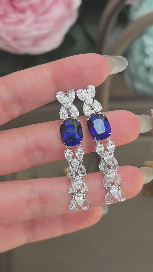 6.4ct 12.8g Cushion Sapphire & Pear Diamond Earrings | Lab-Grown | Serene Luxury