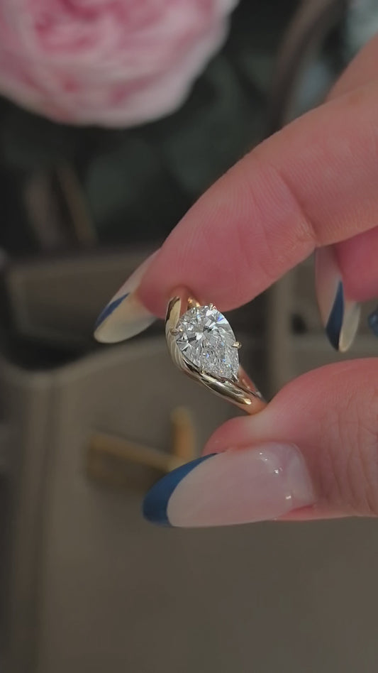 East-West Pear Cut Lab Diamond Pinky Ring | Twisted Band | 14K Gold | Artistic Statement