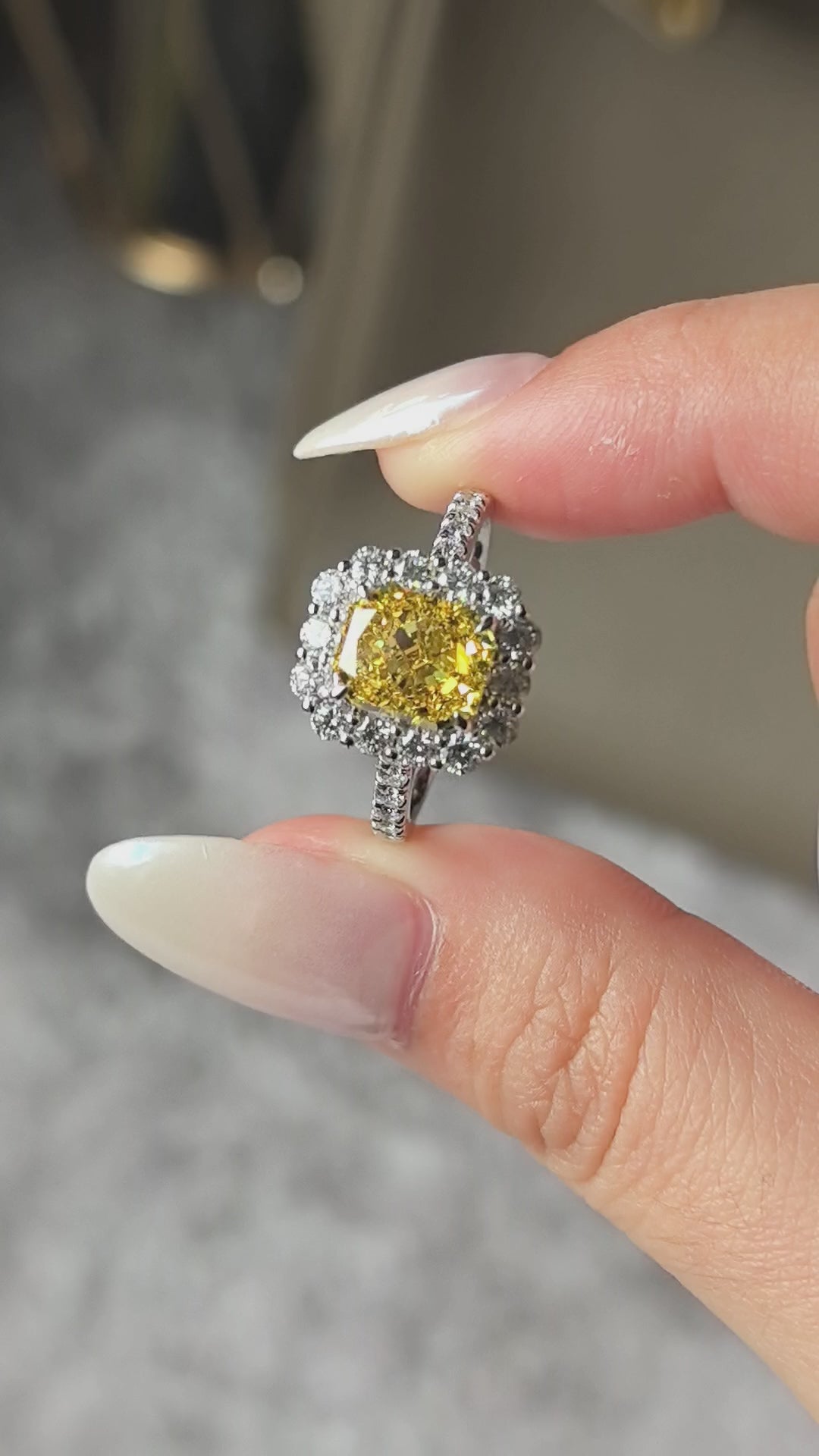 2 Carat 4.3g 18K Gold | Cushion Cut Fancy Vivid Yellow Lab-Grown Diamond Ring | 4.3g 18K Gold | Vintage Half-Halo Design