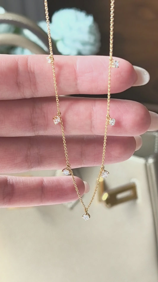 14K Solid Gold Necklace with 7 Diamond Pendant - Linear Design