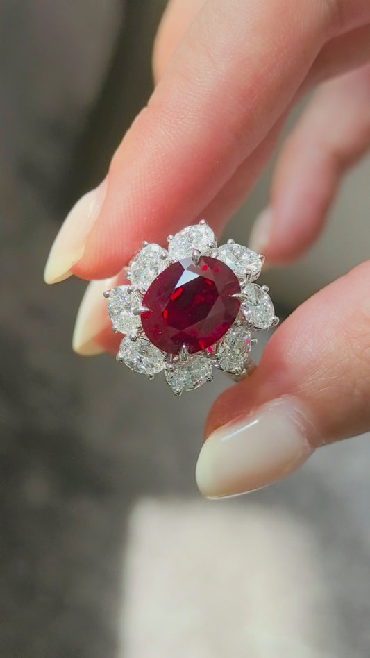 7.5ct 9.8g Oval Pigeon Blood Red Lab Diamond Ring | Pear & Marquise Diamond Floral Halo