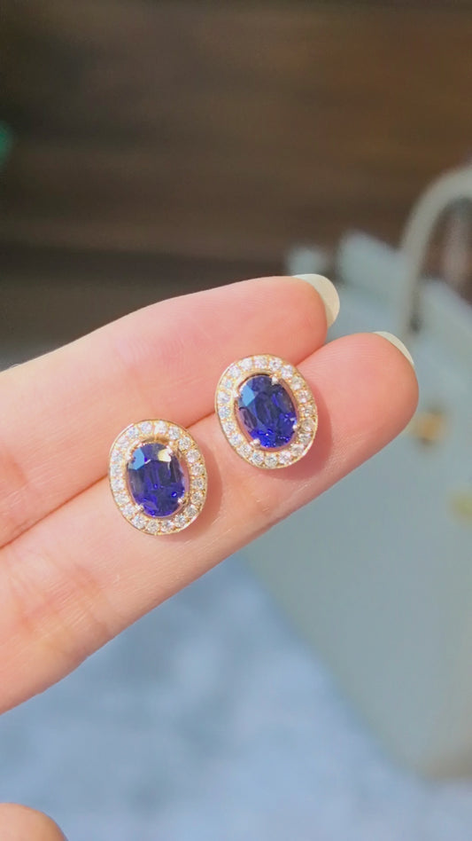 Blue Sapphire and Diamond Halo Stud Earrings