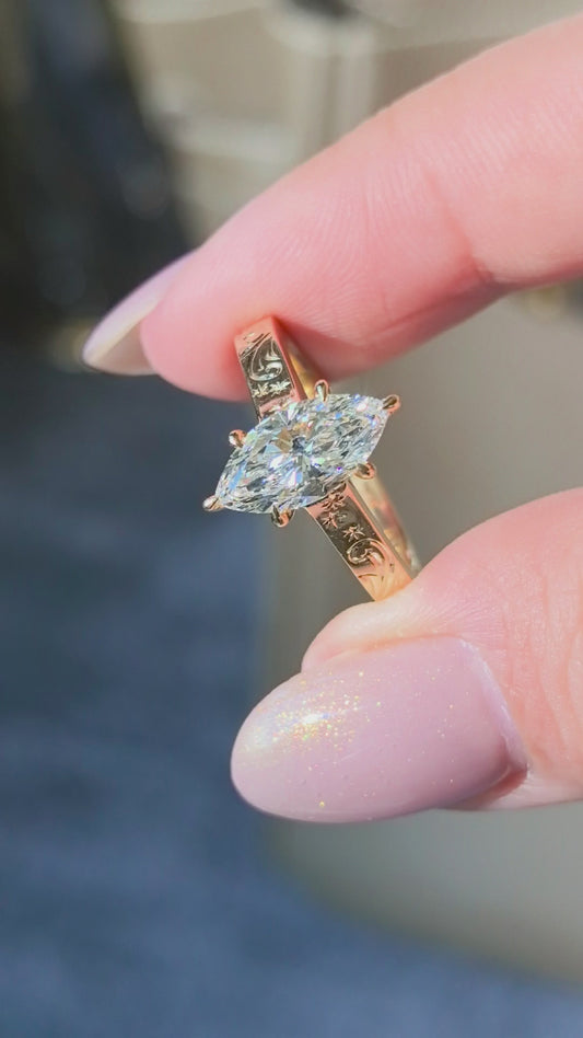 Marquise Lab Grown Diamond Ring | Flat Band with Vintage Engraving | 14K Gold | Timeless Elegance