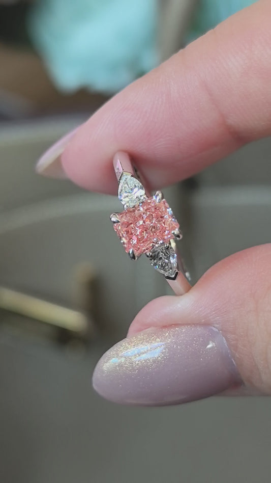 1ct 3.7g Radiant Pink Lab Diamond Three-Stone Ring | Pear Side Stones