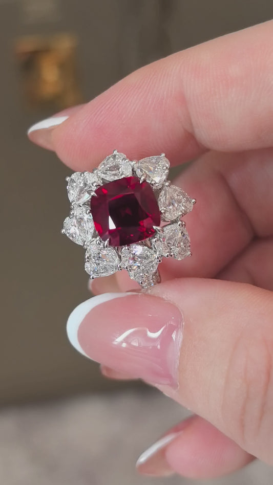 4.7ct 9.3g Cushion Ruby & Pear Diamond Heart Ring | Double Row Half Eternity | 18K Gold | Romantic & Ethical