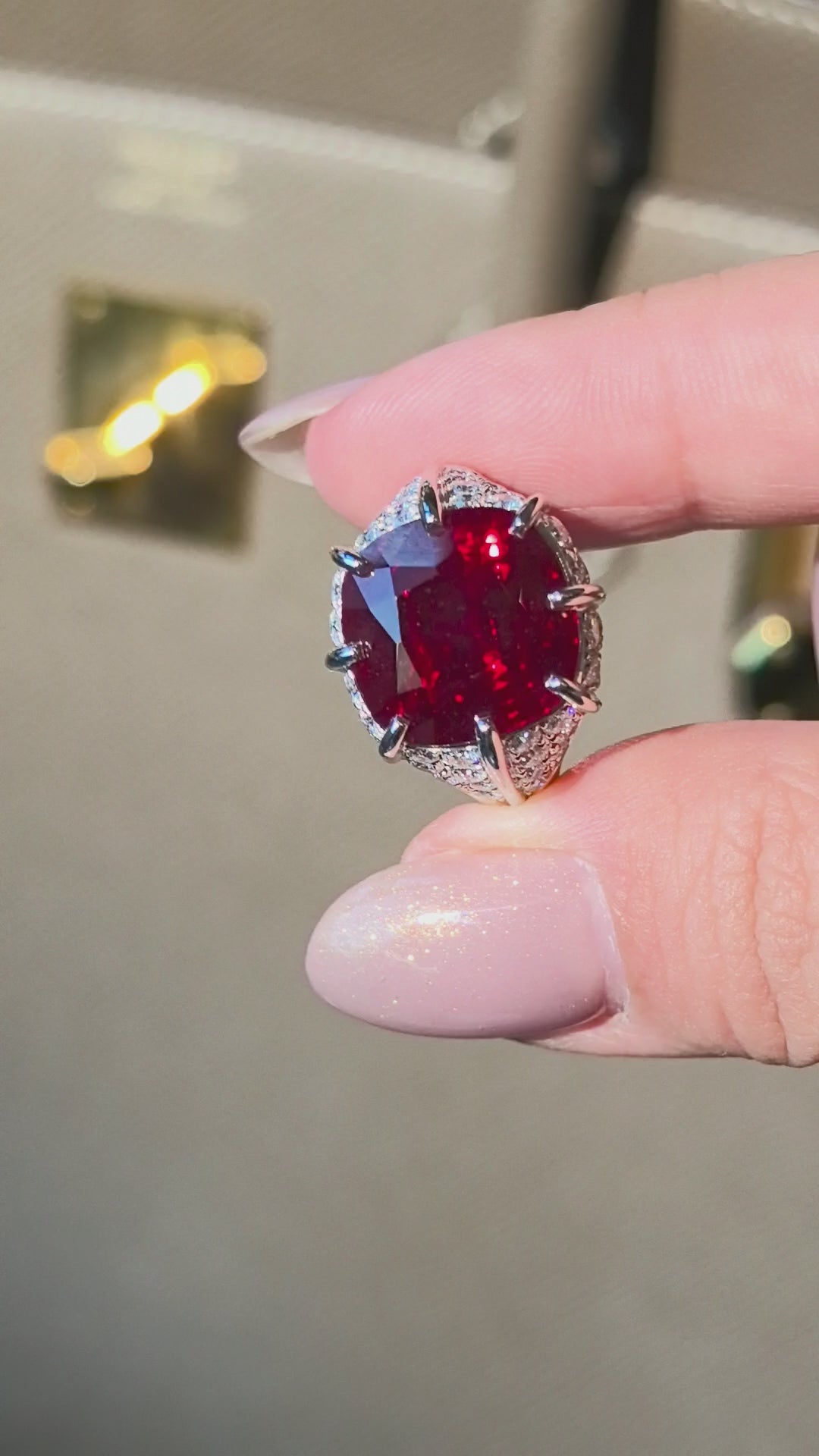 12.8ct 10.5g Cushion Cut Pigeon Blood Red Lab Gemstone Ring | 8-Prong Halo Setting