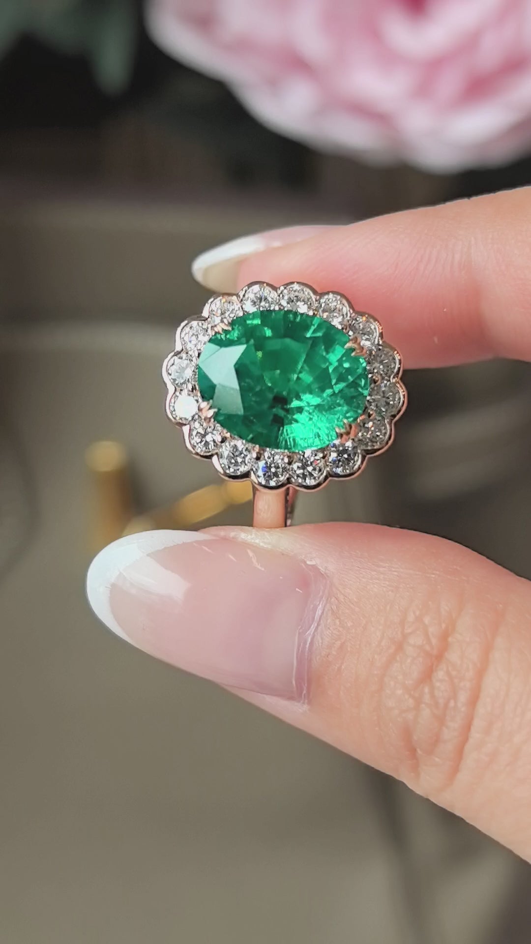 5.16-carat emerald-cut lab-created gemstone ring, 14K rose gold, vintage design