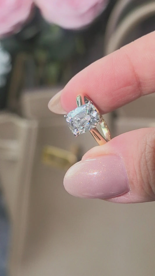 Cushion Cut Solitaire Plain Band Ring with Hidden Halo