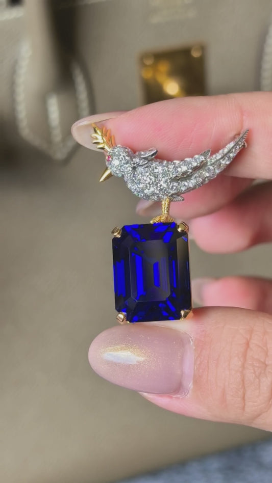 25.9ct 15g Brilliant Cut Blue Sapphire Bird Brooch| Lab-Grown | 18K Gold | Artisan Craftsmanship