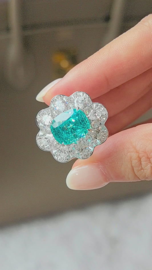 8.4ct 8.8g Elongated Cushion Paraiba Ring | 3D Double Halo (Pear & Round Diamonds)