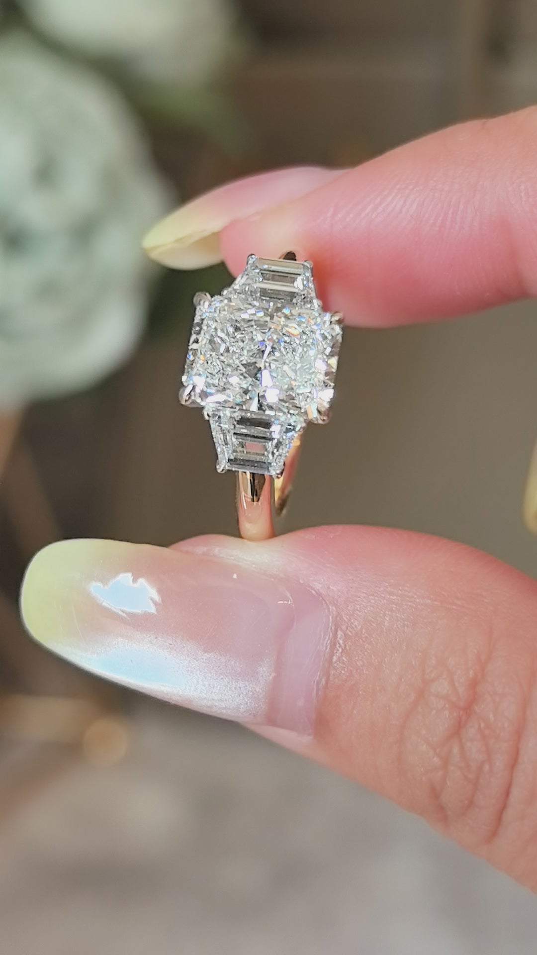 RD-020 | Radiant Cut Four-Prong Trilogy Lab Diamond | Emerald Side Stones | Vintage Design