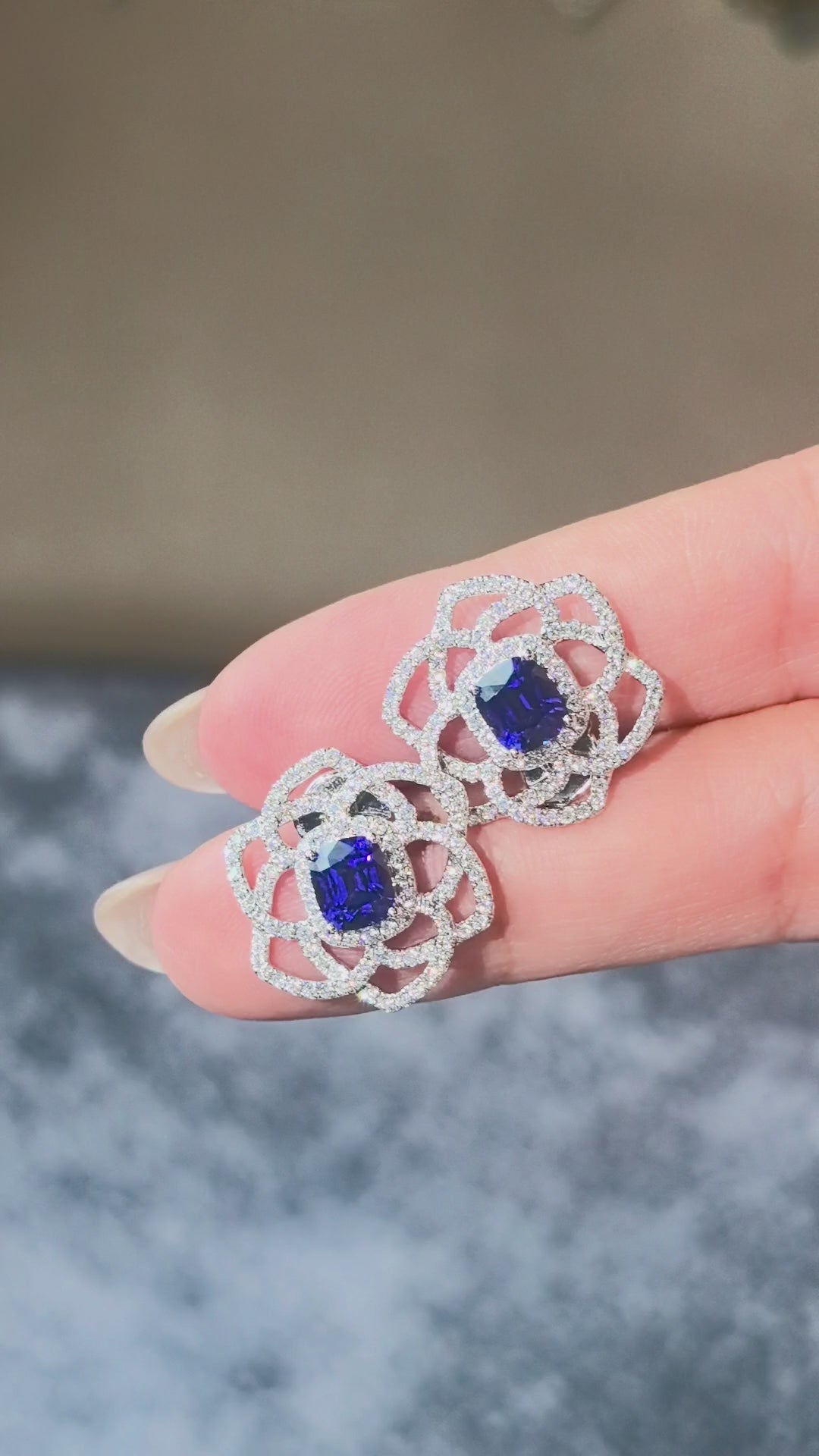 1.4ct 6.9g Cushion Blue Sapphire Floral Stud Earrings | Lab Diamond Petals | 14K White Gold
