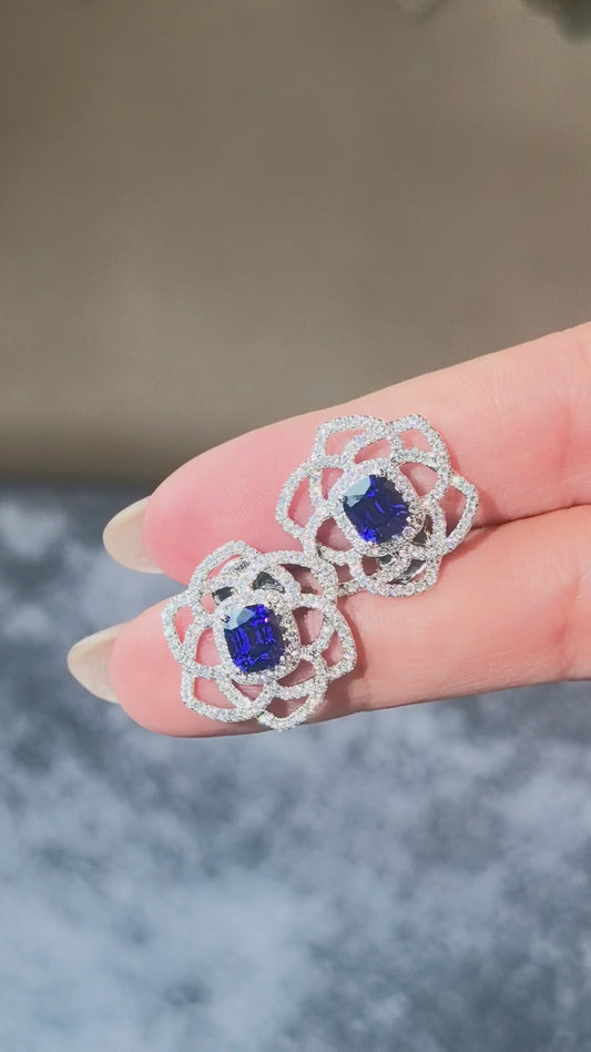 1.4ct 6.9g Cushion Blue Sapphire Floral Stud Earrings | Lab Diamond Petals | 14K White Gold