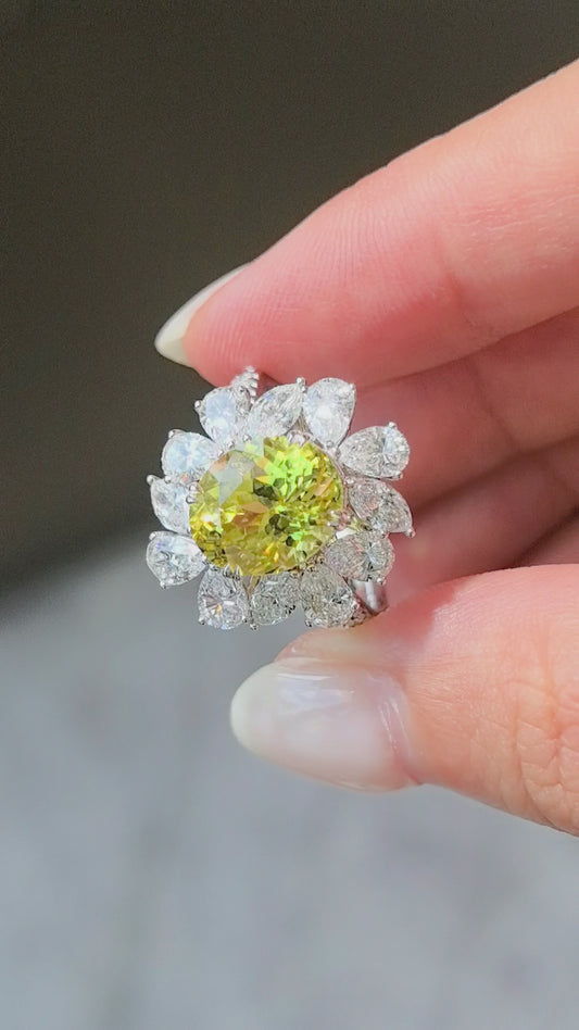 3.9ct 5.6g Oval Yellow Lab Diamond Ring | Marquise & Pear Diamond Halo | Half Pavé Band