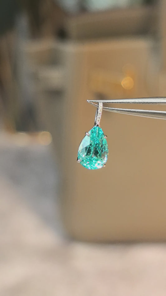 O-009 | Pear-Cut Lab-Grown Paraiba Tourmaline Pendant Charm | Prong-Set |Micro-Pavé Diamond Bail Setting | Exceptional Clarity & Fiery Luster