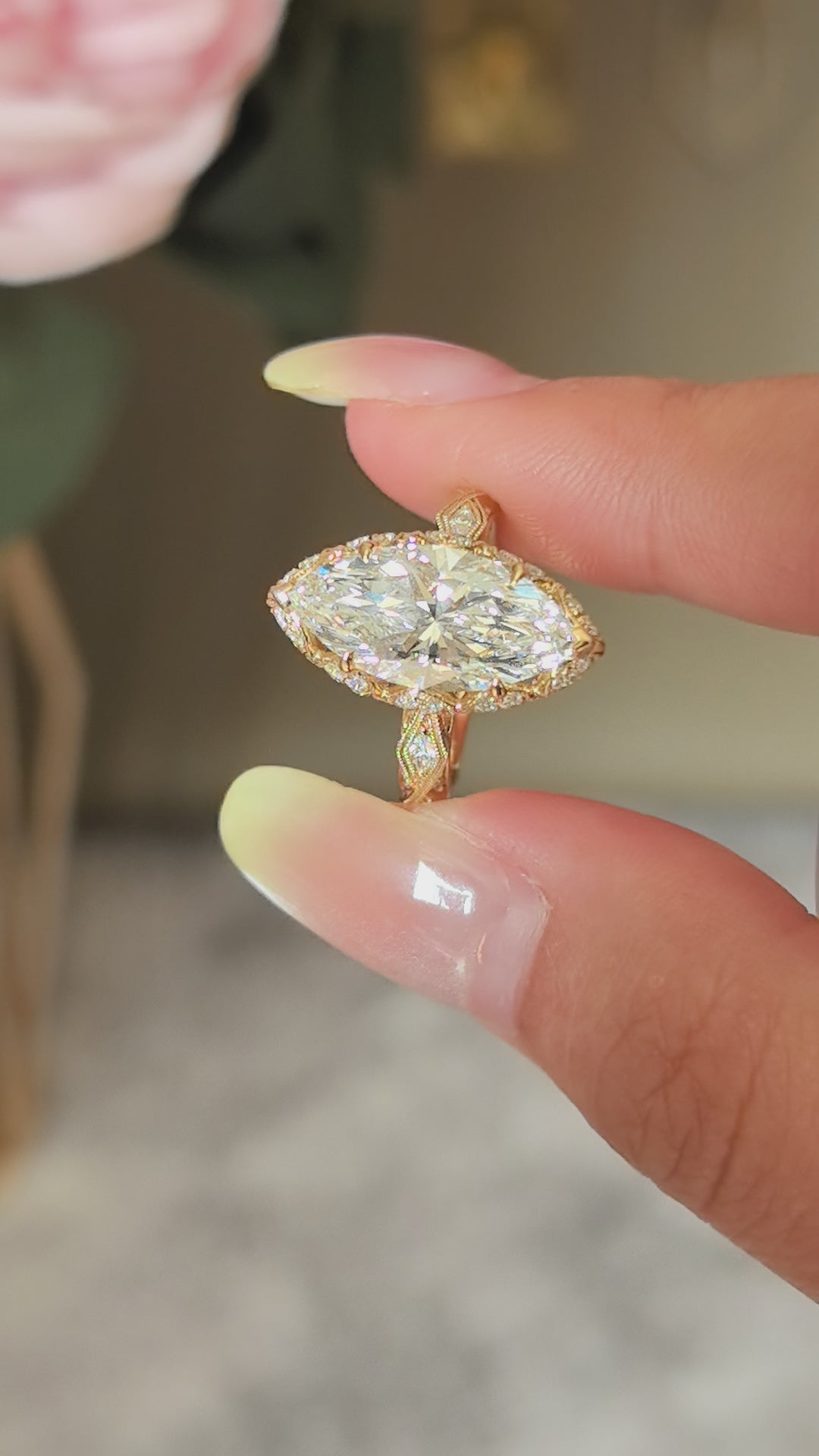 3-carat marquise-cut diamond ring | vintage carved design with scroll and lattice engraving | tulip-shaped setting | lab-grown diamond