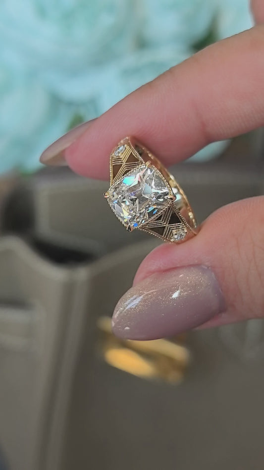 Cushion Lab Grown Diamond Ring | Ornate Thick Band | 14K Gold | Four Accent Diamonds