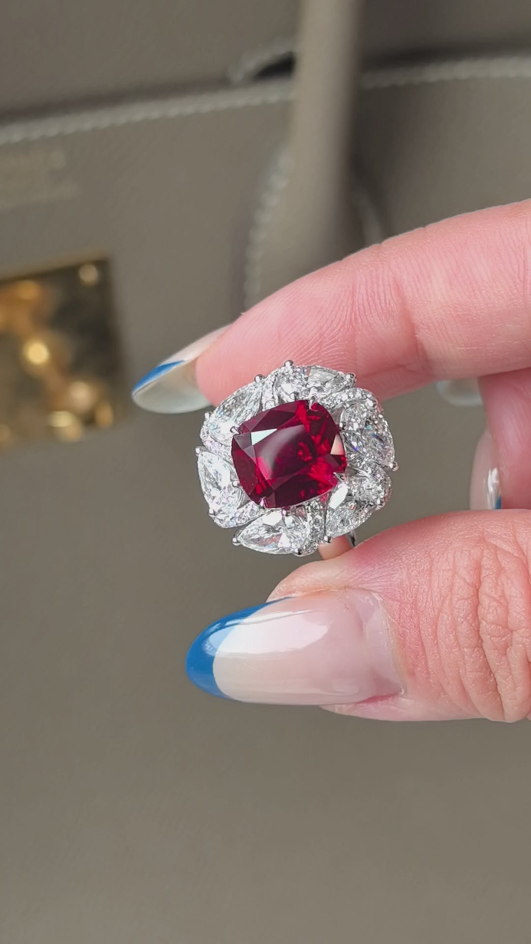 5.6ct 12.3g Cushion Ruby & Pear Diamond Ring | Linear Diamond Inlay| Architectural Elegance