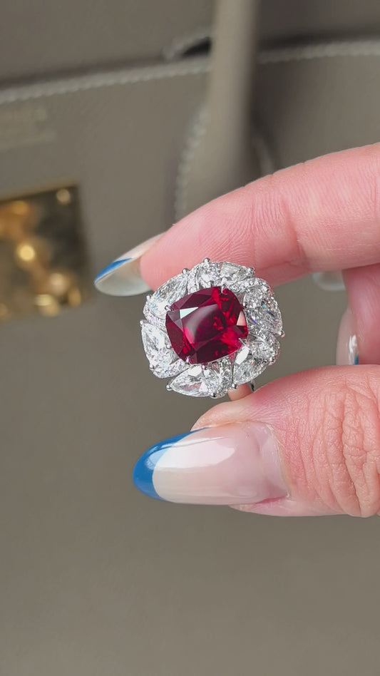 5.6ct 12.3g Cushion Ruby & Pear Diamond Ring | Linear Diamond Inlay| Architectural Elegance