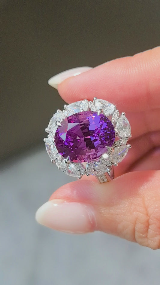 8ct 7.5g Pear Cut Pinkish Orange Sapphire Ring | Pear & Marquise Diamond Halo | Lab-Grown