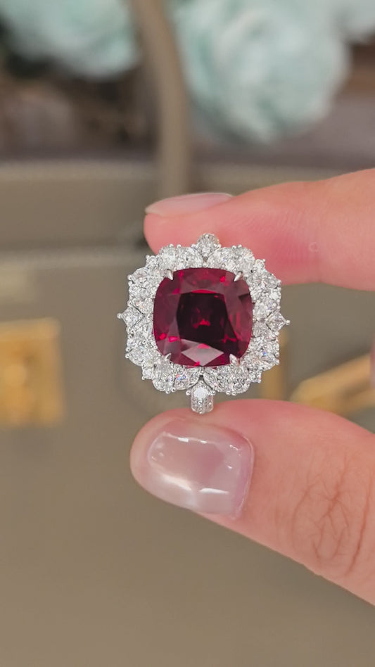 7ct 7.5g Cushion Ruby & Fancy Shape Diamond Ring | Mixed-Cut Lab Diamonds | 18K Gold | Artistic Luxury