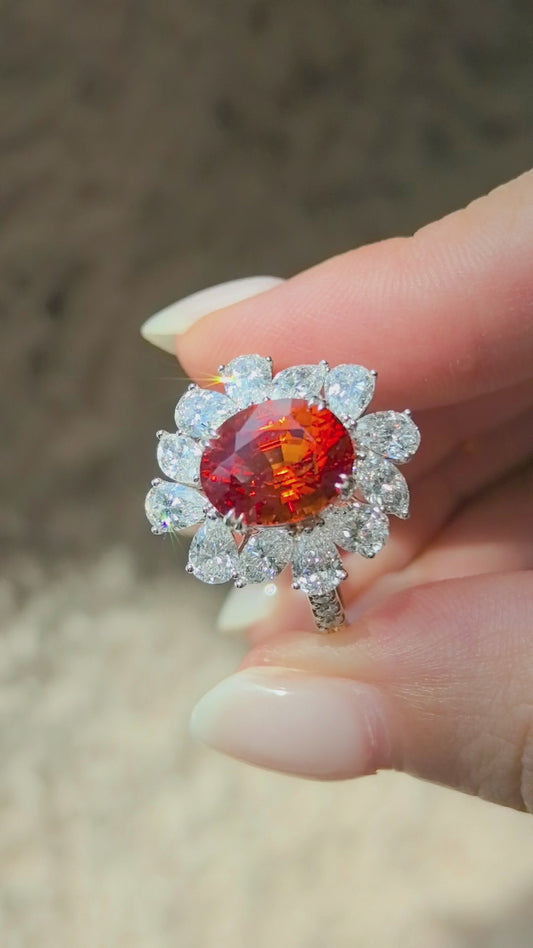 3.8ct 5.7g Oval Vivid Orange Padparadscha Sapphire Ring | Pear & Marquise Diamond Halo