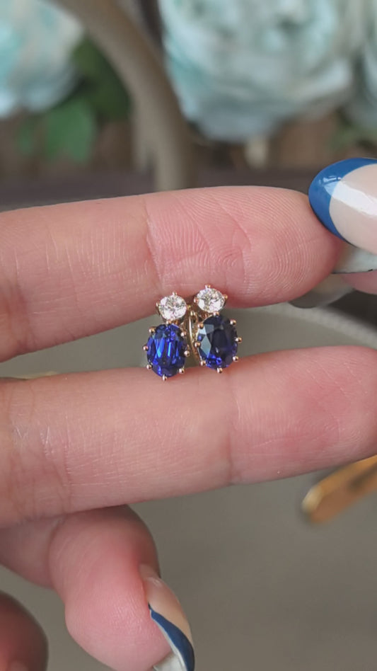 1ct 2.4g Oval Sapphire & Round Diamond Ear Studs | Lab-Grown Gemstones | 14K Gold | Timeless Contrast