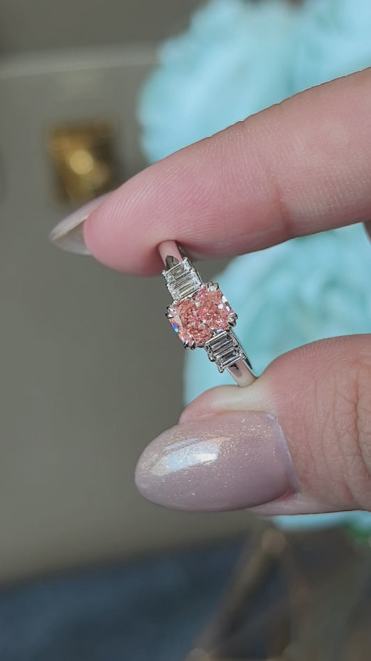 1ct 3.4g Radiant Cut Pink Lab Diamond Ring | Side Emerald Cut White Diamonds | Plain Band
