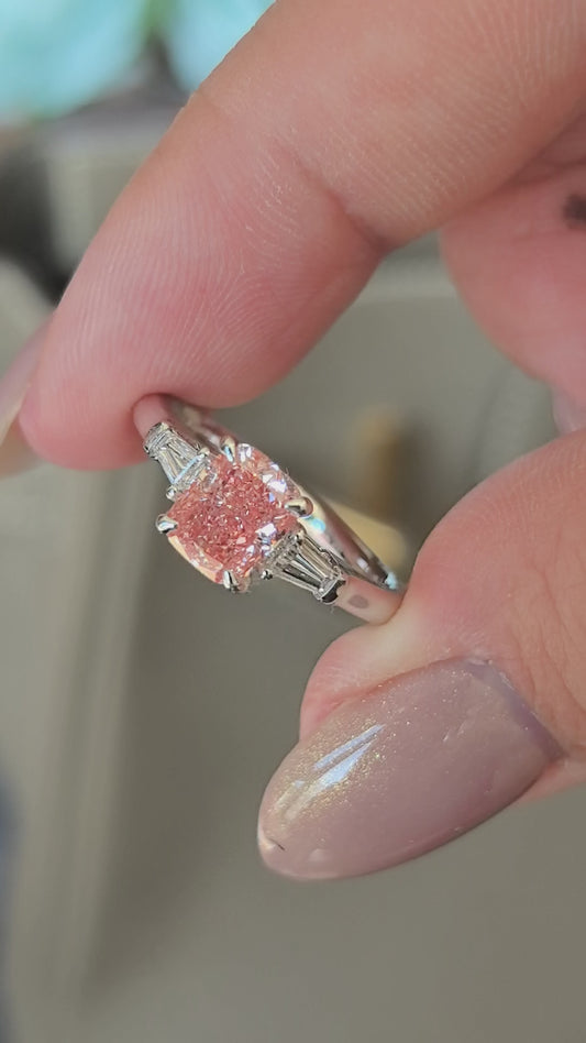1.2ct 3.7g Radiant Cut Pink Lab Diamond Three-Stone Ring | Baguette Side Stones