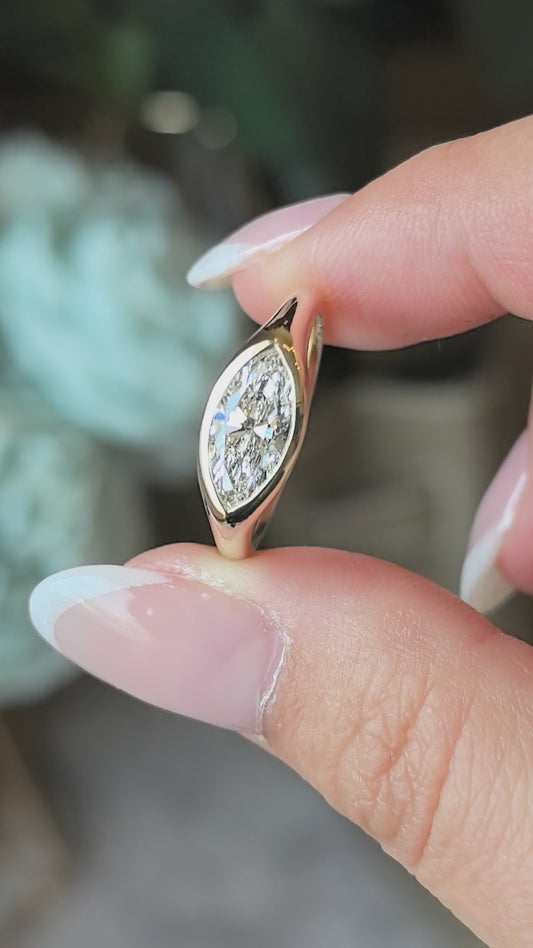 14K Gold Plain Band | Horizontal Marquise Diamond | Modern Solitaire | 1ct Lab-Grown