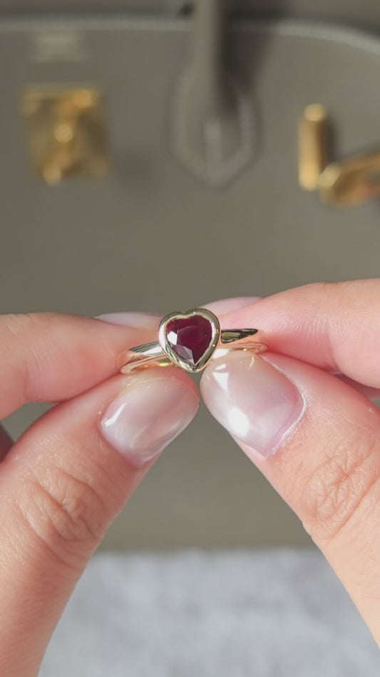 1.1ct 3.9g Heart Cut Lab Ruby Ring | Bezel Setting | Vintage Style | 14K Gold
