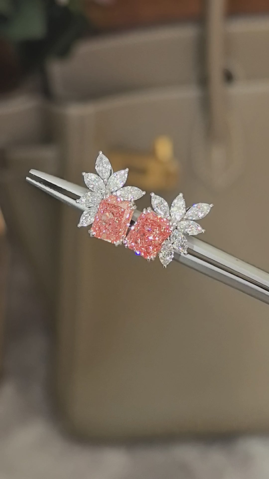 Lab-Grown Pink Radiant Diamond Earrings | Marquise Diamond Halo Stud