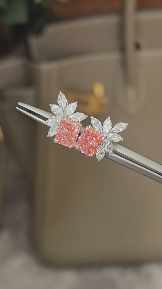 Lab-Grown Pink Radiant Diamond Earrings | Marquise Diamond Halo Stud