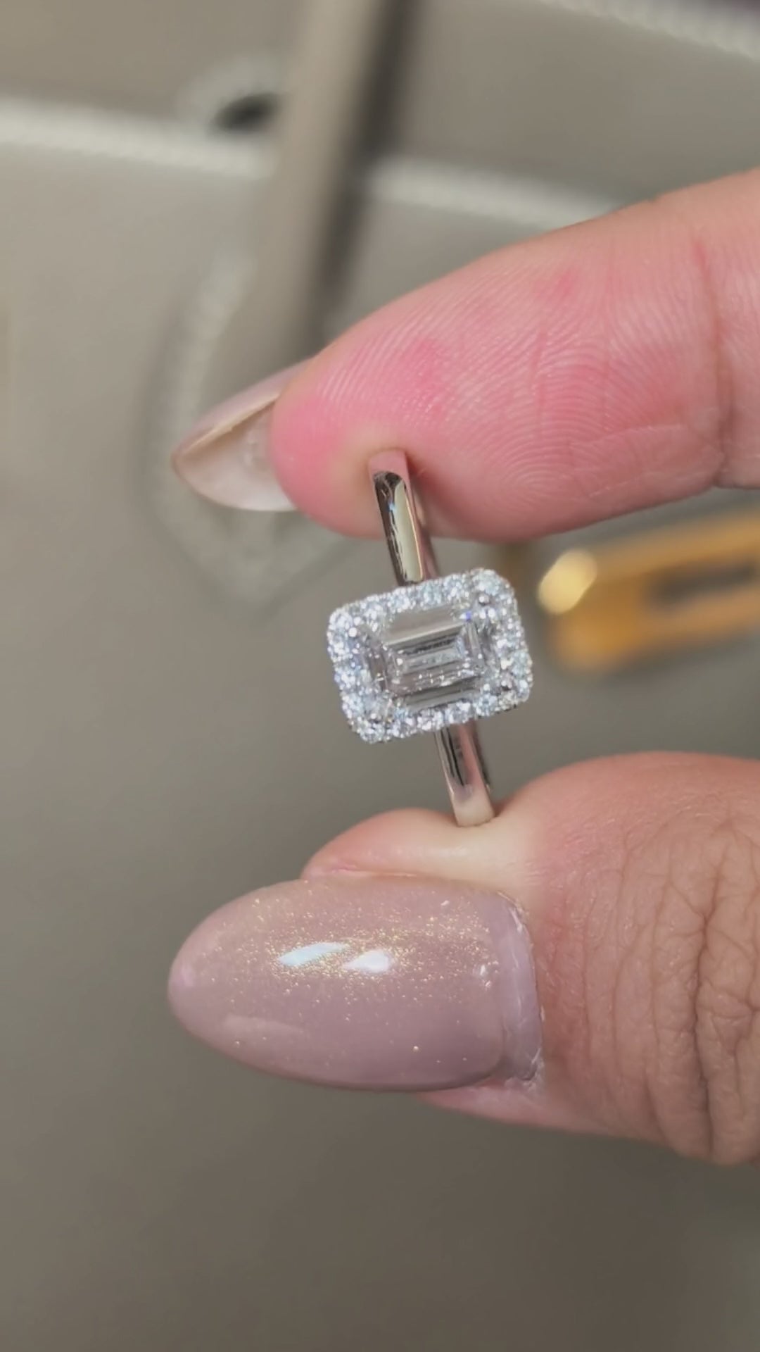 Emerald Cut Lab Grown Diamond Solitaire Ring with Halo| Simple Plain Band