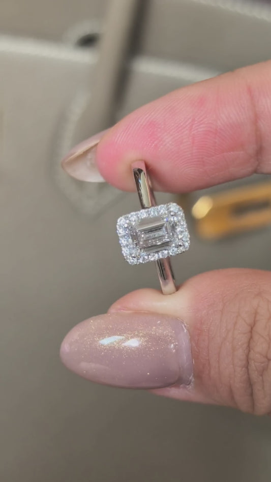 Emerald Cut Lab Grown Diamond Solitaire Ring with Halo| Simple Plain Band