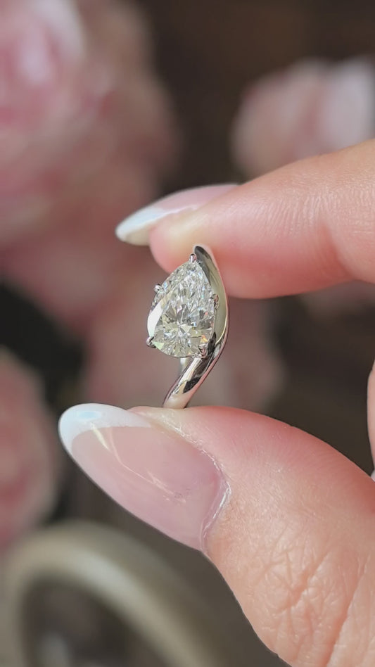 East-West Pear Cut Lab Diamond Pinky Ring | Twisted Band | 14K Gold | Artistic Statement