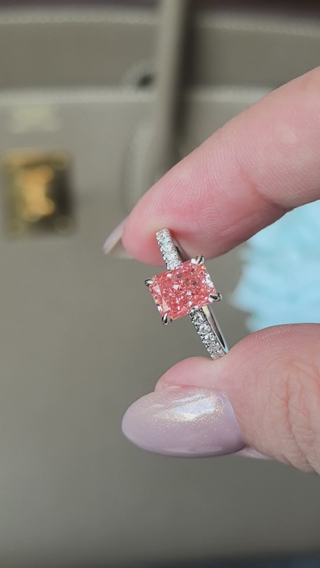 1.8ct 3.3g Radiant Cut Pink Lab Diamond Ring | Half Pavé Band