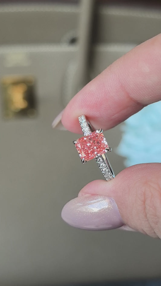 1.8ct 3.3g Radiant Cut Pink Lab Diamond Ring | Half Pavé Band