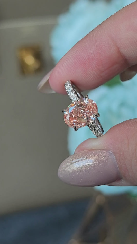 2.4ct 3.4g Oval Pink Lab Diamond Ring | 4-Prong Setting | Half Pavé Band
