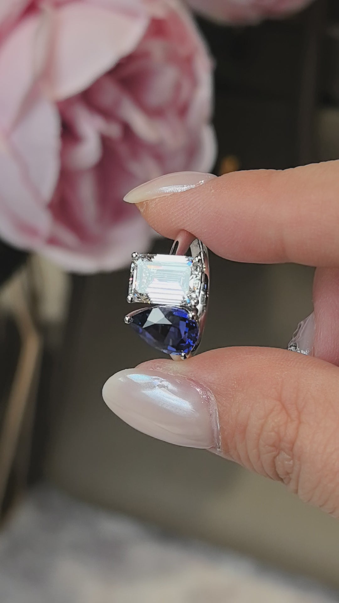 3 carat Emerald  Diamond with 3 carat Pear-Shaped Sapphire  ring