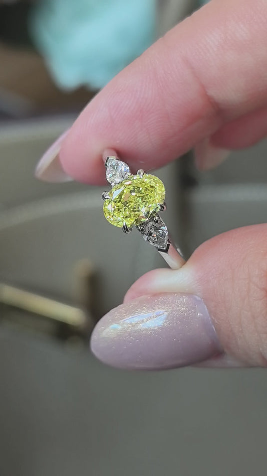 1.3ct 3.8g Fancy Vivid Yellow Oval Pear Three-Stone Ring