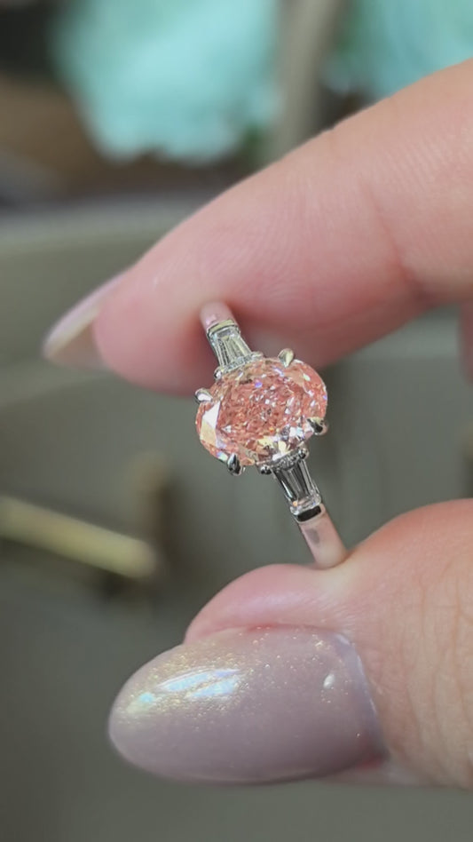 1.3ct 3.2g Oval Pink Lab Diamond Three-Stone Ring | Baguette & Triangle Side Stones