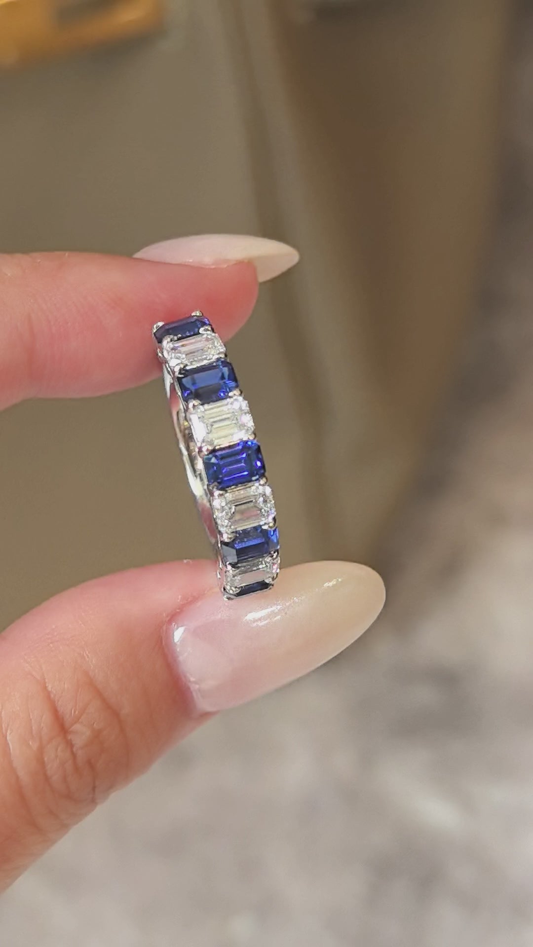 Emerald-Cut Royal Blue & White Lab Diamond Eternity Band Ring in Platinum