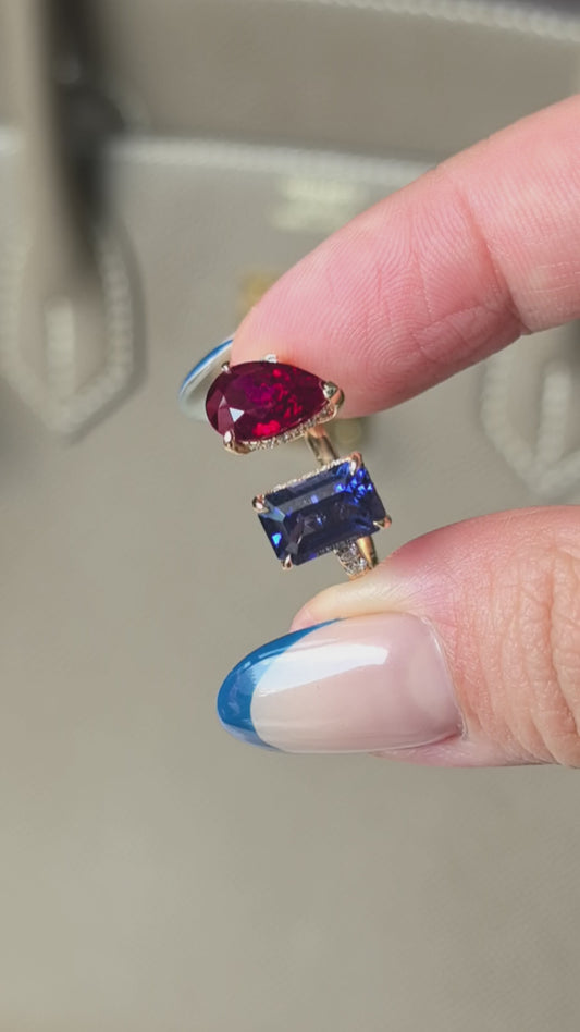 Emerald & Pear Cut Birthstone Ring | Customizable Lab Gemstone | 14K Gold