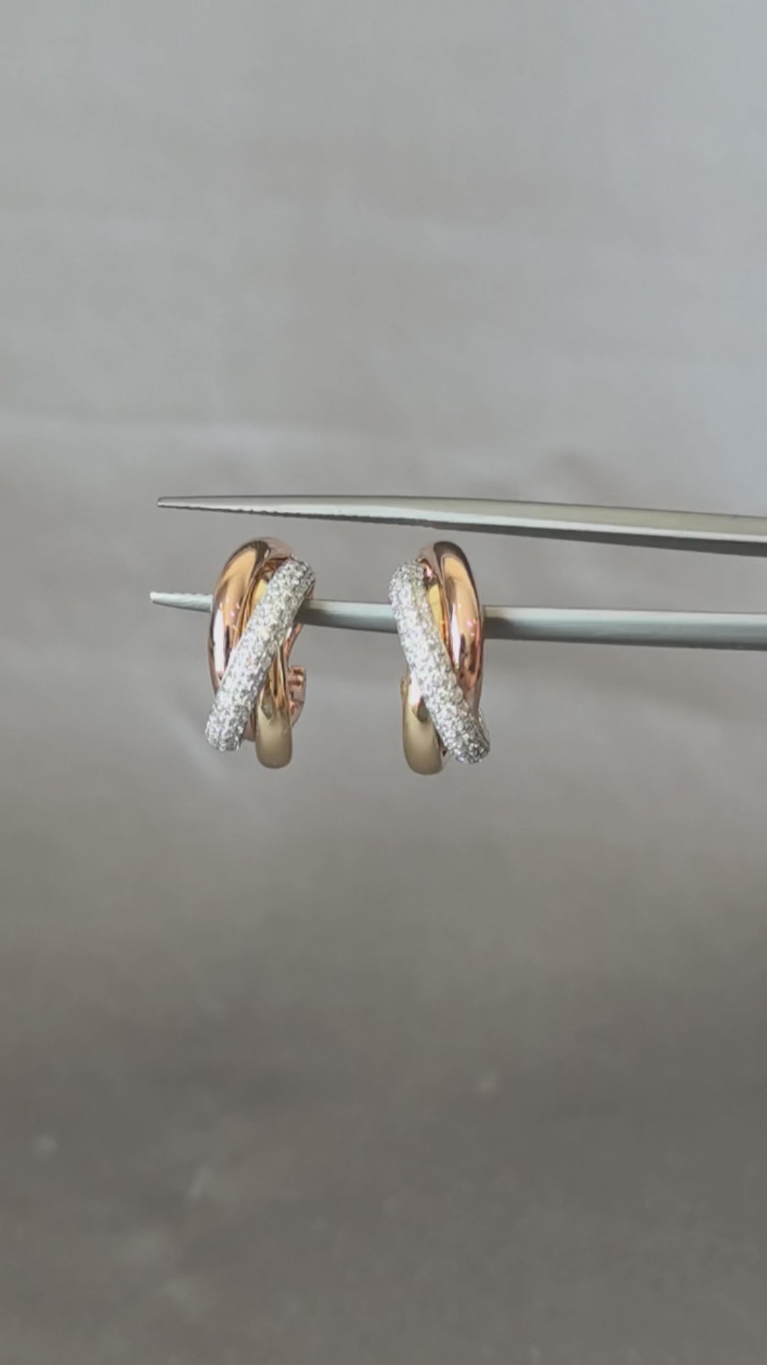 Triple Hoop Earrings | Full Diamond, Rose Gold & Yellow Gold | 14K Gold | Elegant Stackable Design