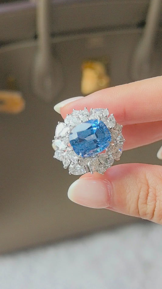 8.2ct 9.9g Cushion Cut Aquamarine Ring | Pear & Marquise Lab Diamond Halo