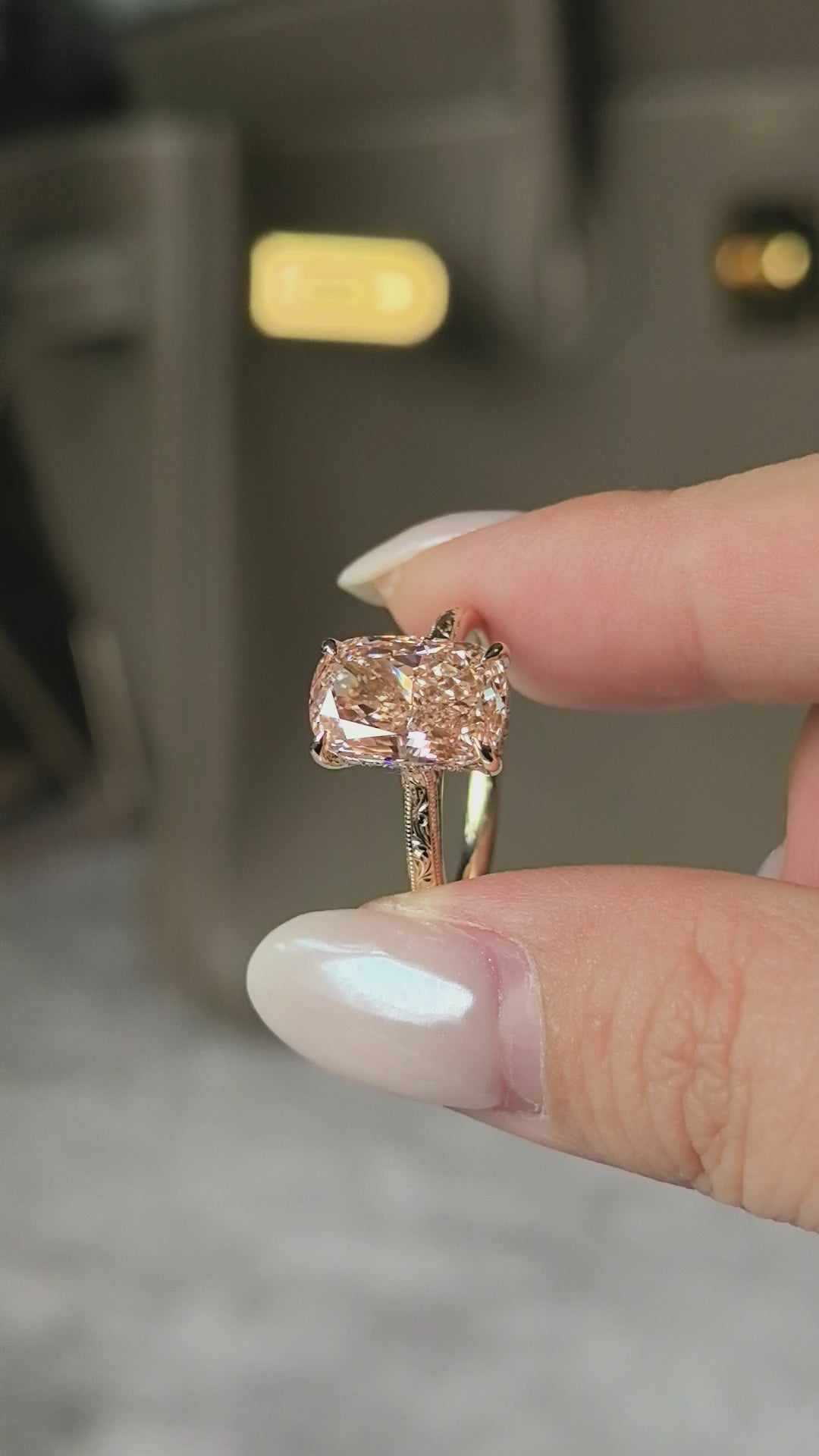 CU-007 | Cushion Cut Pink Diamond | Four Prong Setting | Round Shank with Fine Engraving